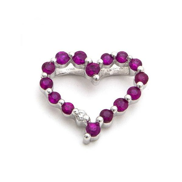 14k White Gold, Ruby and Diamond Heart Pendant 0.41Cttw SVS Fine Jewelry Oceanside, NY