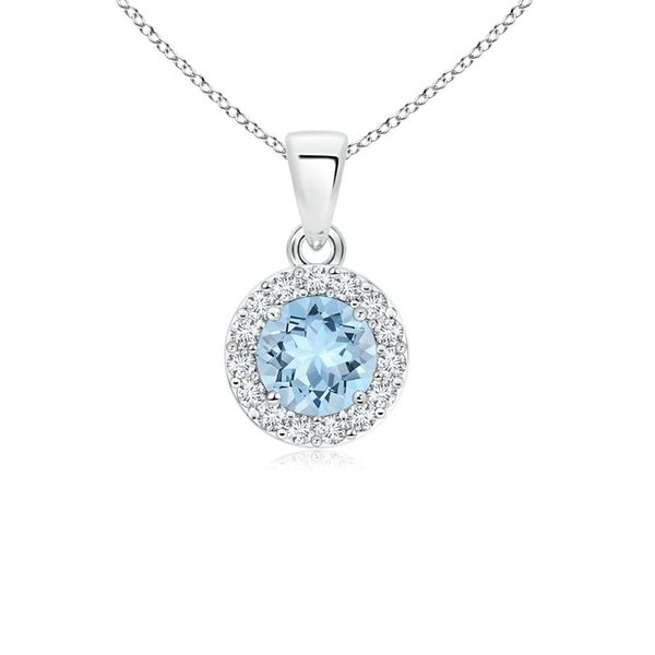 14k White Gold, Diamond and Round Aquamarine Halo Pendant on an 18' Chain 0.75Cttw SVS Fine Jewelry Oceanside, NY