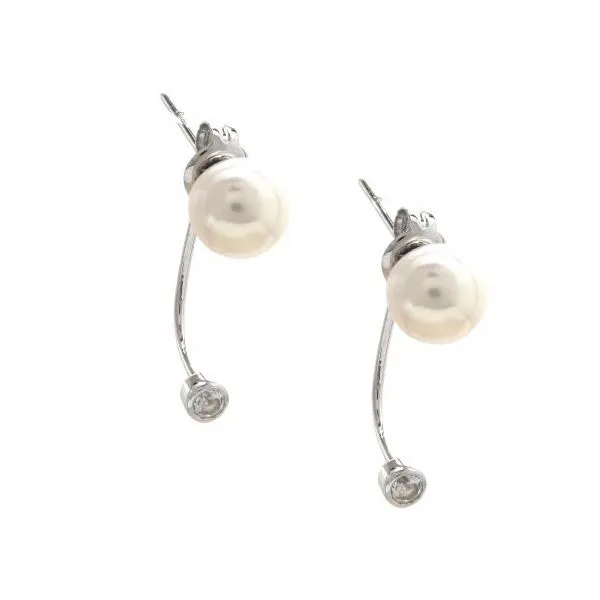 14k White Gold. Freshwater Pearl and White Topaz 'Peek-a-boo' Earrings 0.16Cttw SVS Fine Jewelry Oceanside, NY