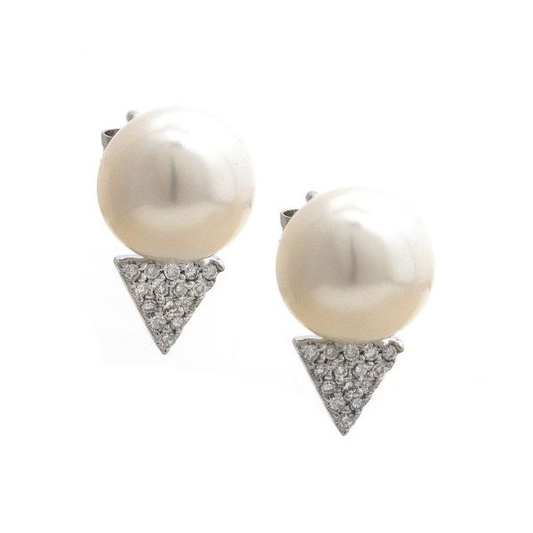 14k White Gold. Freshwater Pearl and Diamond triangle pave Earrings 0.10Cttw SVS Fine Jewelry Oceanside, NY