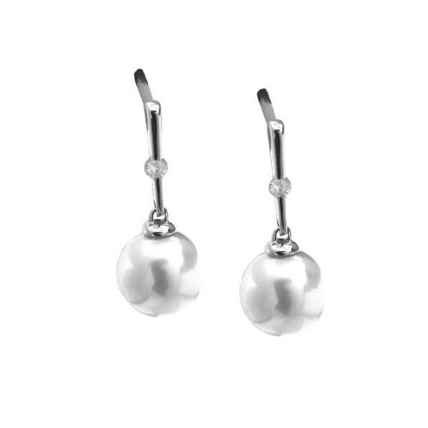 14k White Gold. Freshwater Pearl and Diamond drop Earrings 0.05Cttw SVS Fine Jewelry Oceanside, NY