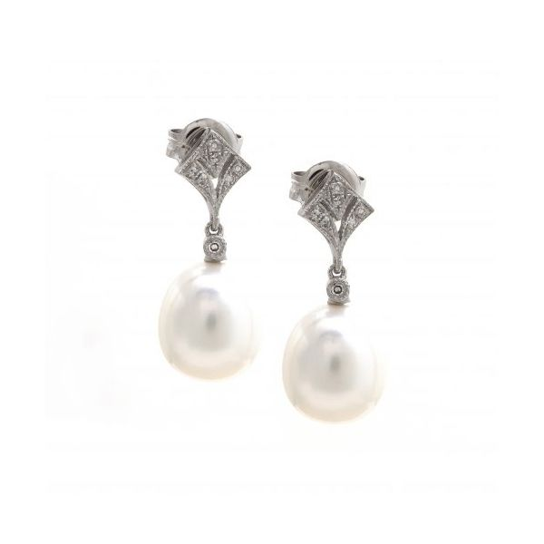 14k White Gold. Freshwater Pearl and Diamond Accent pave Earrings 0.05Cttw SVS Fine Jewelry Oceanside, NY