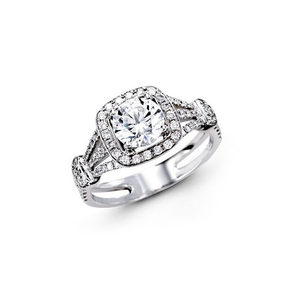 Simon G 18K White Gold Engagement Ring With A Cushion Shape Diamond Halo Around Center Split Diamond Shank Into Tri Shank. Side  Swede's Jewelers East Windsor, CT