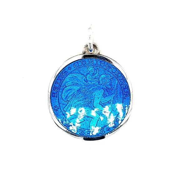 Sterling Silver Carribbean Blue Enamel St. Christopher Medal Swede's Jewelers East Windsor, CT