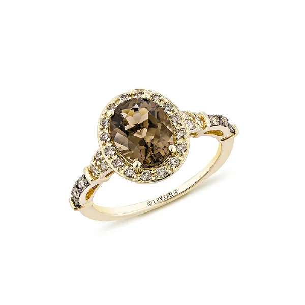 7, 14k YG 1.75CTTW 1.48CT Oval Smoky Quartz and Diamond Halo Ring Vaughan's Jewelry Edenton, NC