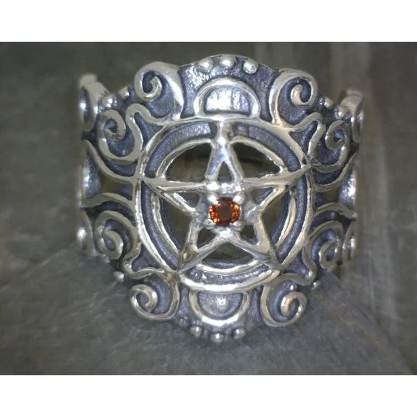 SS Pentagram with Scroll Work and Garnet Sz7 Vulcan's Forge LLC KANSAS CITY, MO
