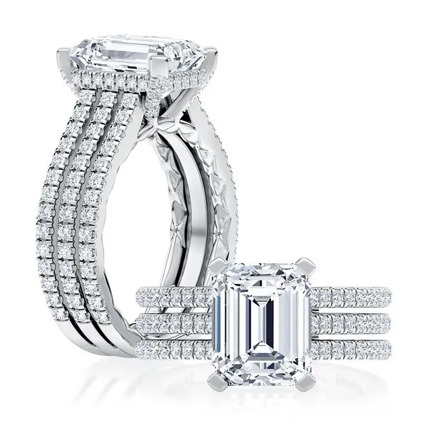 Three Row Diamond Flat Tab Emerald Cut Center Diamond Engagement Ring Baxter's Fine Jewelry Warwick, RI