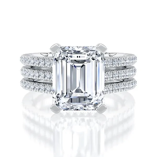 Three Row Diamond Flat Tab Emerald Cut Center Diamond Engagement Ring Image 2 Baxter's Fine Jewelry Warwick, RI