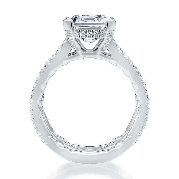 Three Row Diamond Flat Tab Emerald Cut Center Diamond Engagement Ring Image 3 Baxter's Fine Jewelry Warwick, RI