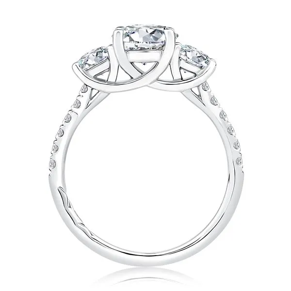 Three Stone Trellis Diamond Engagement Ring with Pave Diamond Band Image 3 Baxter's Fine Jewelry Warwick, RI