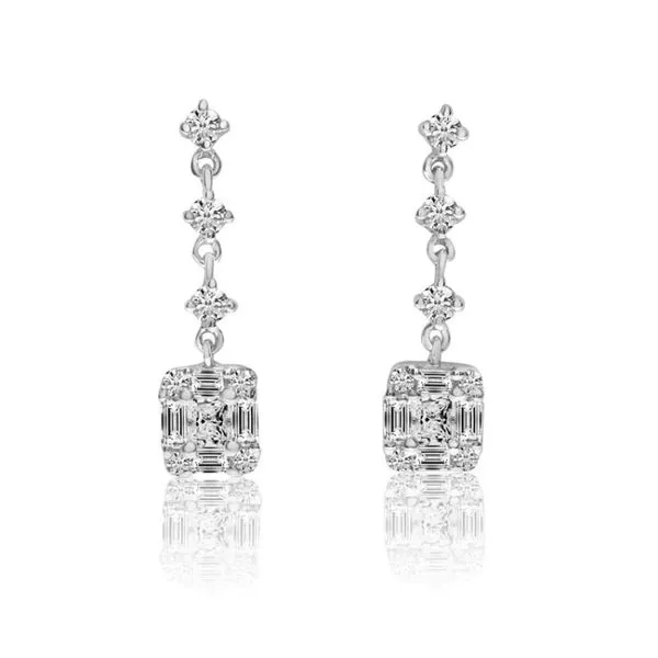 14K White Gold Baguette and Round Diamonds Fancy Cushion Dangle Earrings Clater Jewelers Louisville, KY