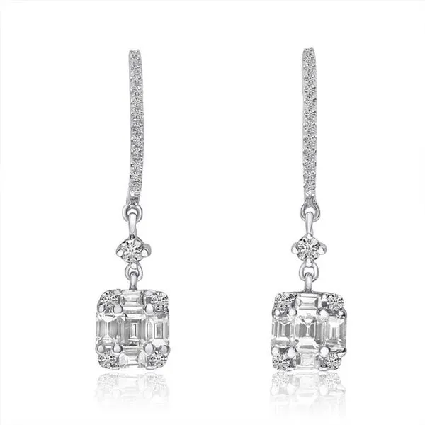 14K White Gold Baguette and Round Diamonds Fancy Cushion Hoop Dangle Earrings Castle Couture Fine Jewelry Manalapan, NJ
