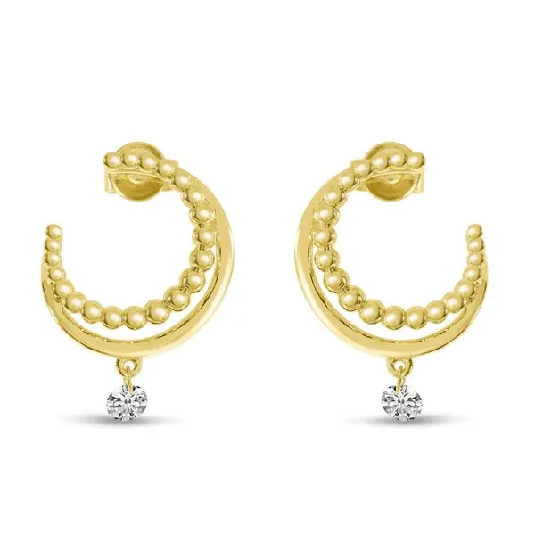 14K Yellow Gold Dashing Diamond Gold Beaded Front Hoop Single Pierced Diamond Earrings Ambassador Diamond Jewelers Tucson, AZ