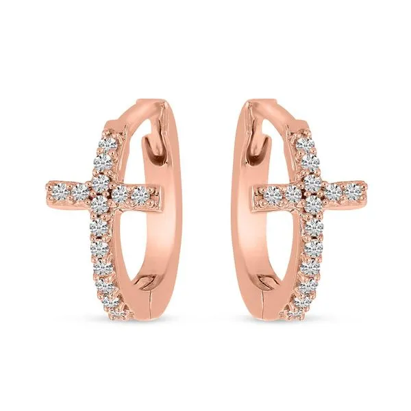 14K Rose Gold Diamond Cross Huggie Earrings Castle Couture Fine Jewelry Manalapan, NJ
