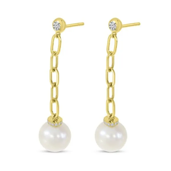 14K Yellow Gold Diamond and Pearl Link Dangle Earrings Ambassador Diamond Jewelers Tucson, AZ