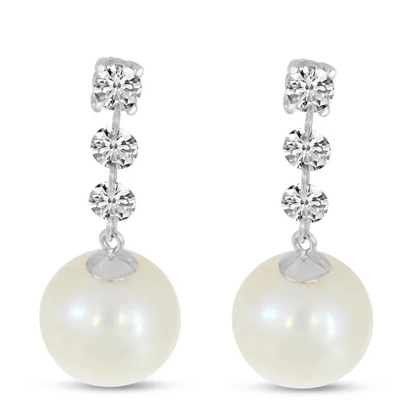 14K White Gold Dashing Diamonds 3-Stone Drop Pearl Earrings Ambassador Diamond Jewelers Tucson, AZ