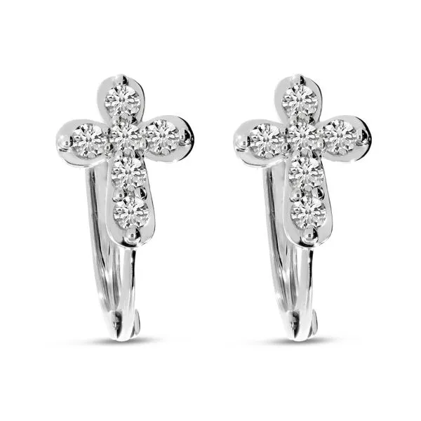 14K White Gold Diamond Bubble Cross Huggie Image 2 Moseley Diamond Showcase Inc Lexington, SC