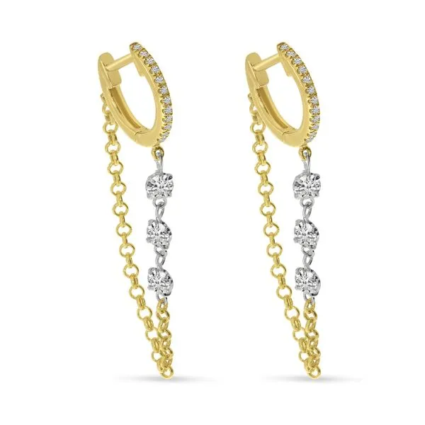 14K Yellow Gold Floating Diamond Triple Diamond Chain Huggie Earrings Castle Couture Fine Jewelry Manalapan, NJ