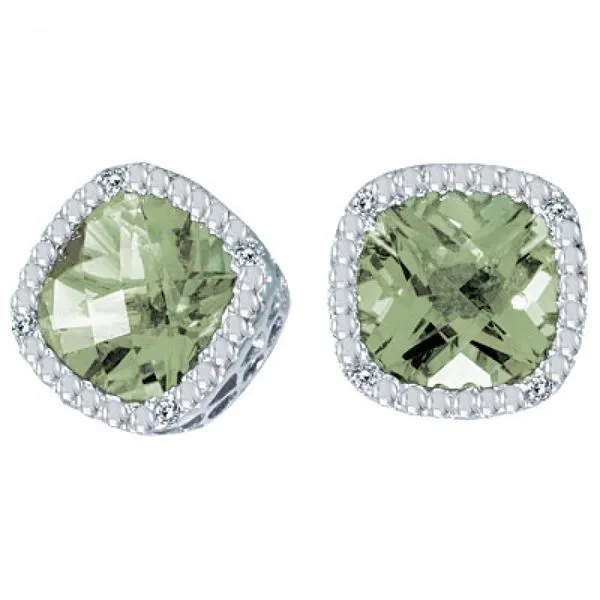 14K White Gold 7mm Cushion Green Amethyst and Diamond Earrings Castle Couture Fine Jewelry Manalapan, NJ
