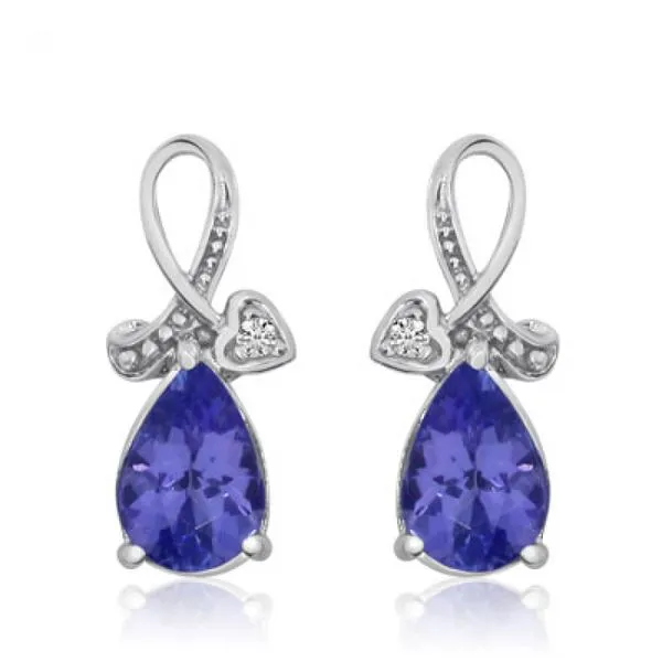 14K White Gold 7x5 mm Pear Tanzanite and Diamond Heart Ribbon Fashion Earrings Castle Couture Fine Jewelry Manalapan, NJ