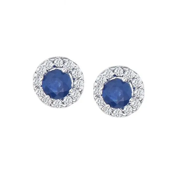 14K White Gold Precious 4 mm Round Sapphire and Diamond Halo Earrings Ambassador Diamond Jewelers Tucson, AZ