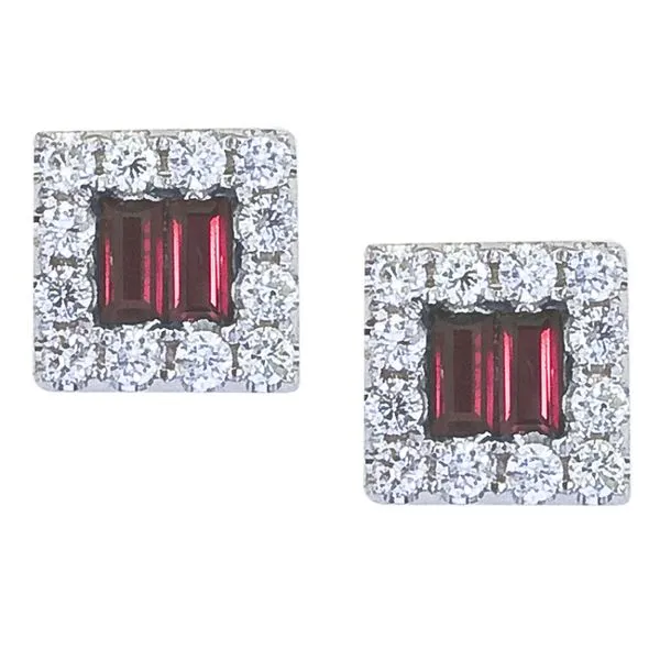 14K White Gold Diamond and Baguette Ruby Square Earrings Ambassador Diamond Jewelers Tucson, AZ