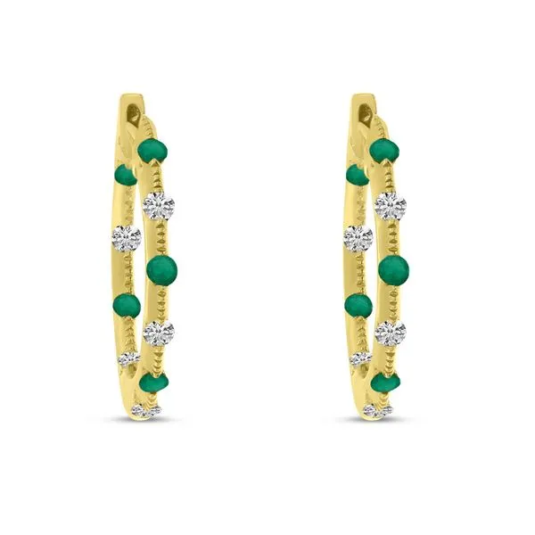 14K Yellow Gold Tension Set Alternating Emerald and Diamond Hoop Earrings Ambassador Diamond Jewelers Tucson, AZ
