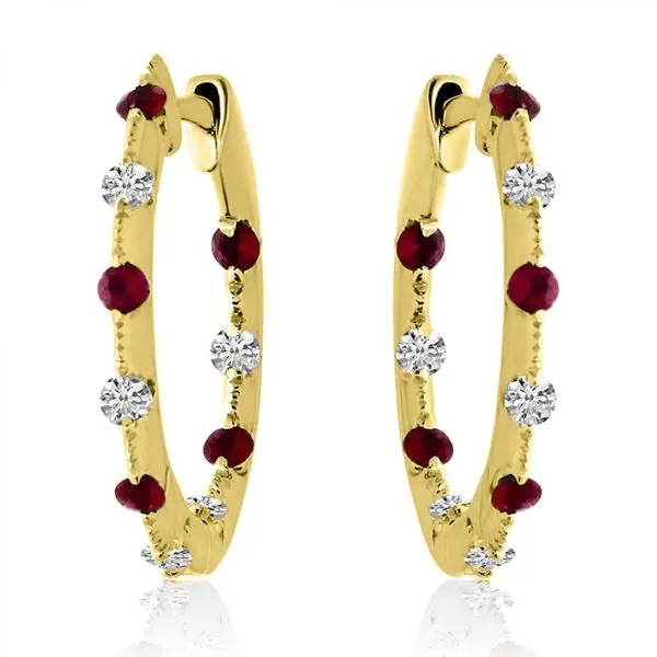 14K Yellow Gold Tension Set Alternating Ruby and Diamond Hoop Earrings J. Meredith Jewelers Delafield, WI