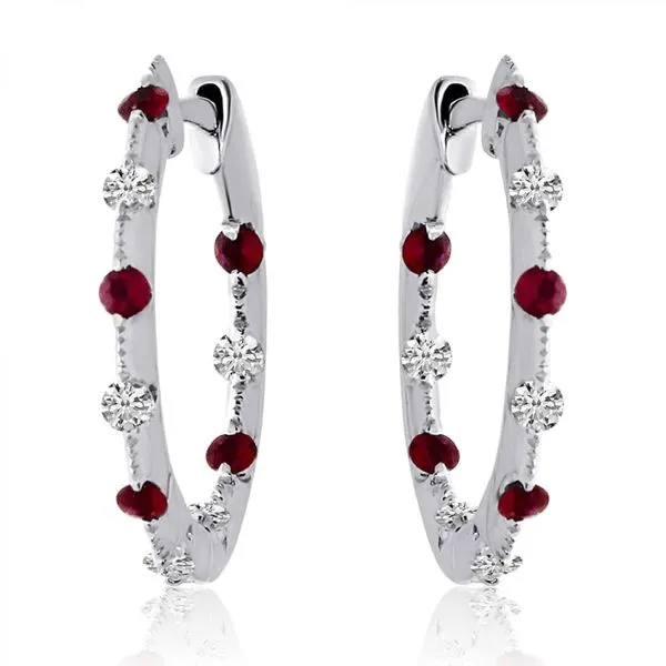 14K White Gold Precious Ruby and Diamond Tension Set Hoop Earrings Ambassador Diamond Jewelers Tucson, AZ