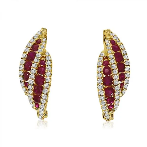 14K Yellow Gold Ruby and Diamond Bypass Precious Fashion Earrings Castle Couture Fine Jewelry Manalapan, NJ