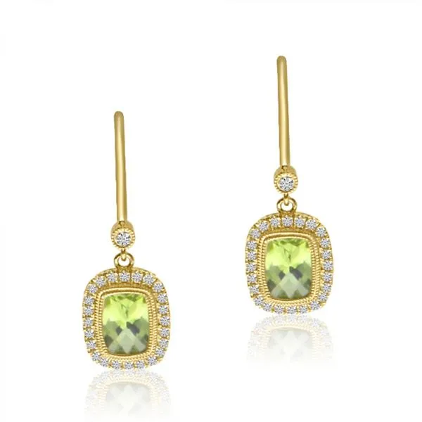 14K Yellow Gold Halo Cushion Peridot and Diamond Semi Precious Leverback Earring Ambassador Diamond Jewelers Tucson, AZ
