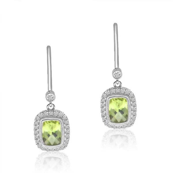 14K White Gold Halo Cushion Peridot and Diamond Semi Precious Leverback Earring J. Meredith Jewelers Delafield, WI