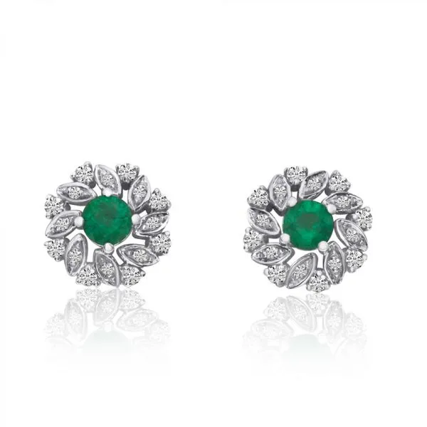 14K White Gold Round Emerald and Diamond Precious Floral Earrings Ambassador Diamond Jewelers Tucson, AZ
