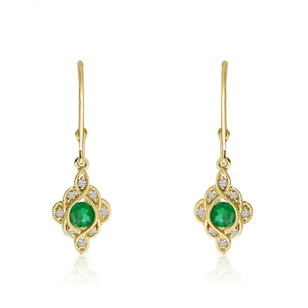 14K Yellow Gold Round Emerald and Diamond Leverback Earrings Ambassador Diamond Jewelers Tucson, AZ