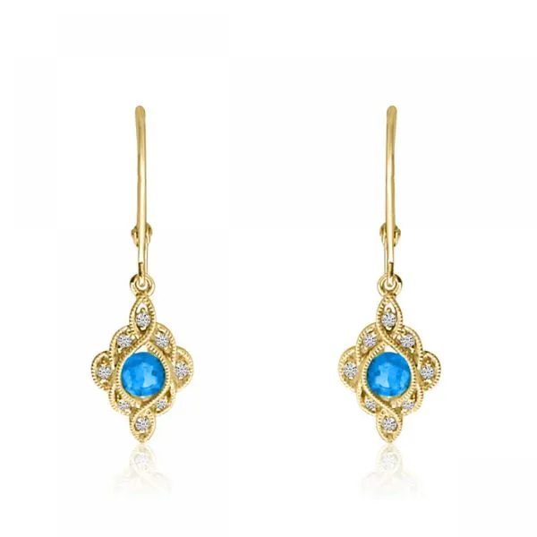 14K Yellow Gold Round Blue Topaz and Diamond Leverback Earrings Ambassador Diamond Jewelers Tucson, AZ