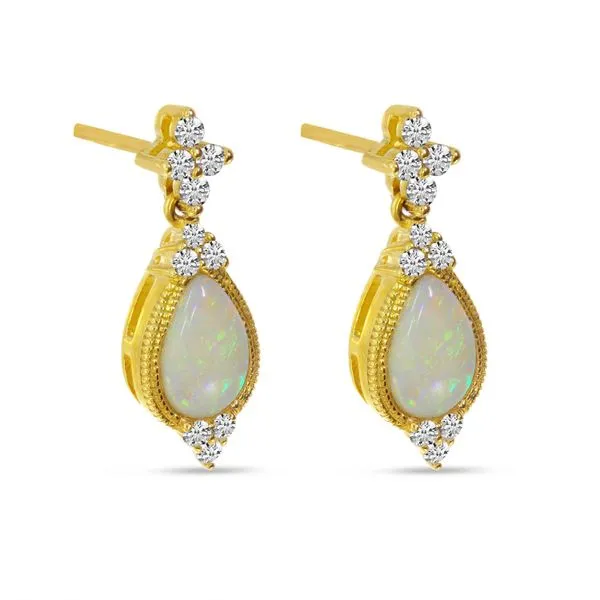 14K Yellow Gold Milgrain Pear Shaped Opal and Diamond Earrings Davidson Jewelers East Moline, IL