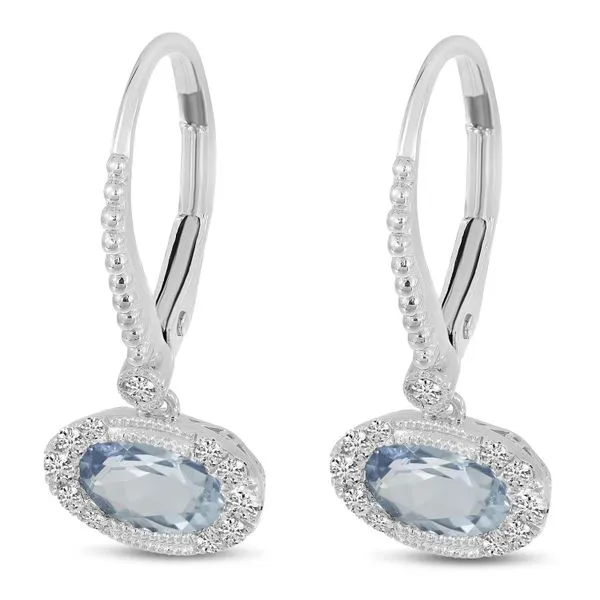 14K White Gold Oval Aquamarine and Diamond Halo East to West Lever ack Earrings Jimmy Smith Jewelers Decatur, AL