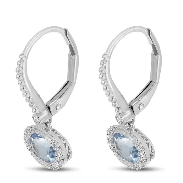 14K White Gold Oval Aquamarine and Diamond Halo East to West Lever ack Earrings Image 2 Jimmy Smith Jewelers Decatur, AL