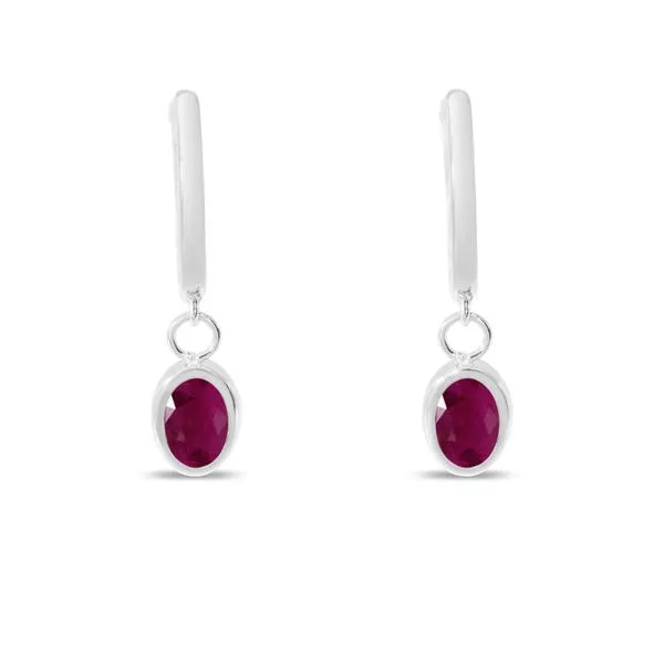 14K White Gold Oval Ruby Dangle Birthstone Huggie Earrings Ambassador Diamond Jewelers Tucson, AZ