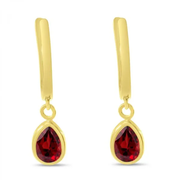 14K Yellow Gold Pear Ruby Dangle Birthstone Huggie Earrings Ambassador Diamond Jewelers Tucson, AZ