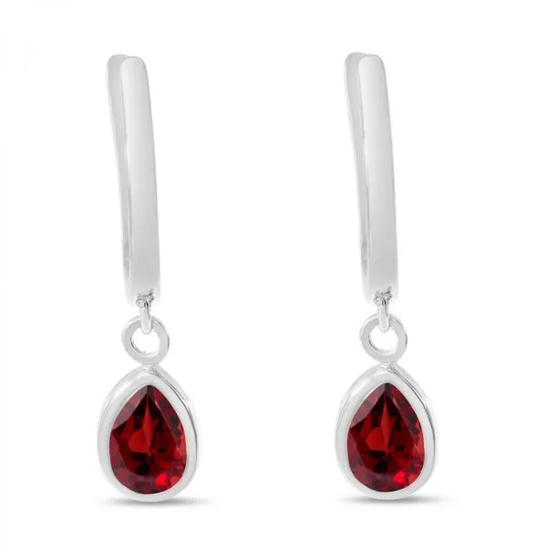 14K White Gold Pear Ruby Dangle Birthstone Huggie Earrings Ambassador Diamond Jewelers Tucson, AZ