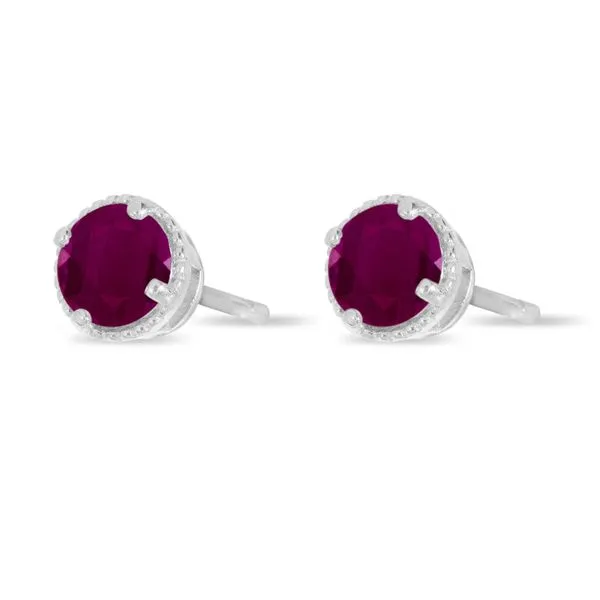 14K White Gold 4mm Round Ruby Millgrain Halo Earrings Woelk's House of Diamonds Russell, KS