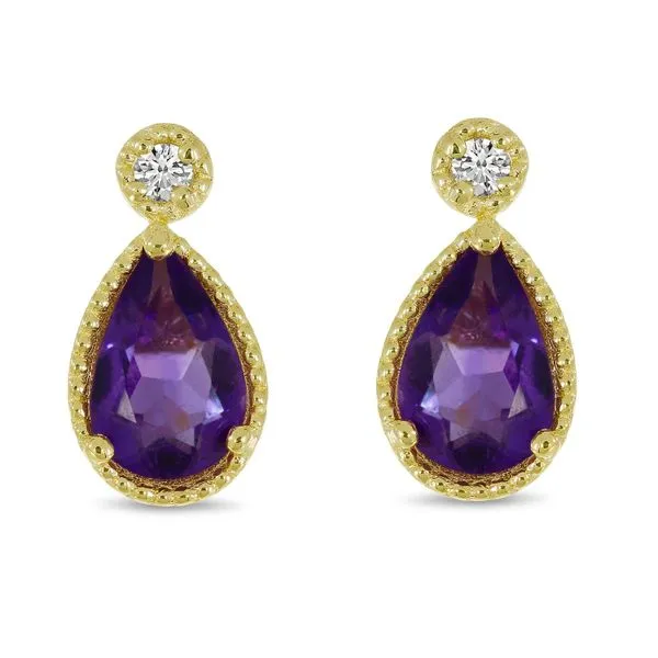 14K Yellow Gold Pear Amethyst and Diamond Millgrain Birthstone Earrings Ambassador Diamond Jewelers Tucson, AZ
