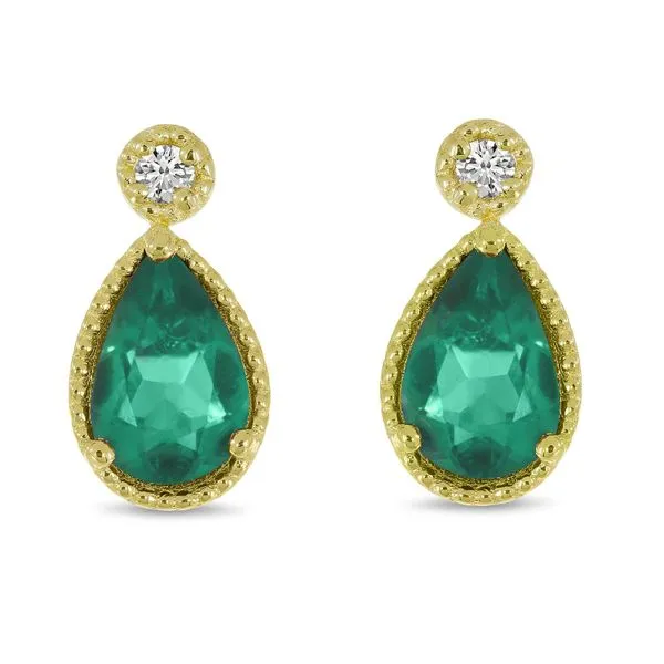 14K Yellow Gold Pear Emerald and Diamond Millgrain Birthstone Earrings Clater Jewelers Louisville, KY