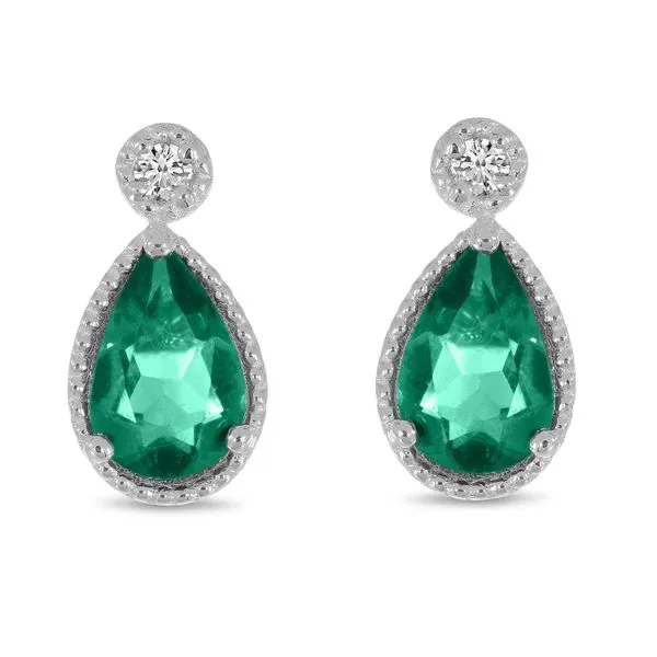 14K White Gold Pear Emerald and Diamond Millgrain Birthstone Earrings Ambassador Diamond Jewelers Tucson, AZ
