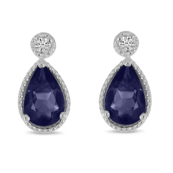 14K White Gold Pear Sapphire and Diamond Millgrain Birthstone Earrings Davidson Jewelers East Moline, IL