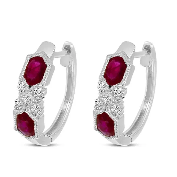14K White Gold Ruby and Diamond Millgrain Huggie Earrings Ambassador Diamond Jewelers Tucson, AZ