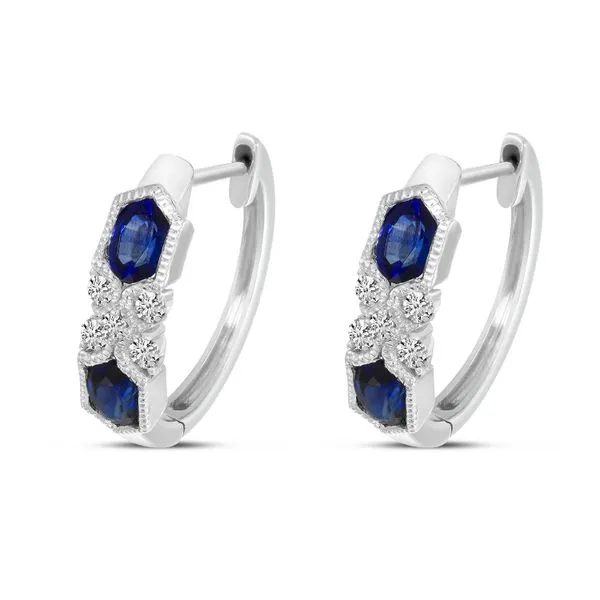 14K White Gold Sapphire and Diamond Millgrain Huggie Earrings Ambassador Diamond Jewelers Tucson, AZ
