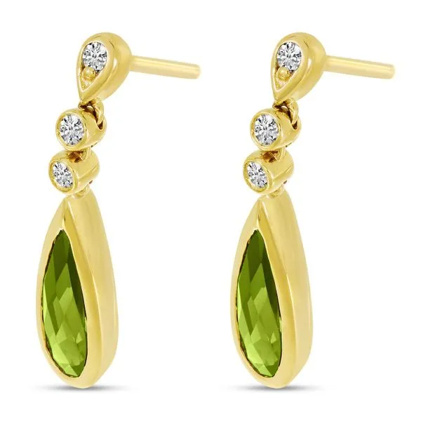 14K Yellow Gold Elongated Pear Peridot and Diamond Teardrop Earrings Image 2 Castle Couture Fine Jewelry Manalapan, NJ