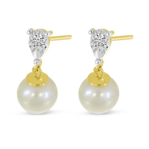 14K Yellow Gold Pearl and Illusion Diamond Drop Post Earrings Ambassador Diamond Jewelers Tucson, AZ